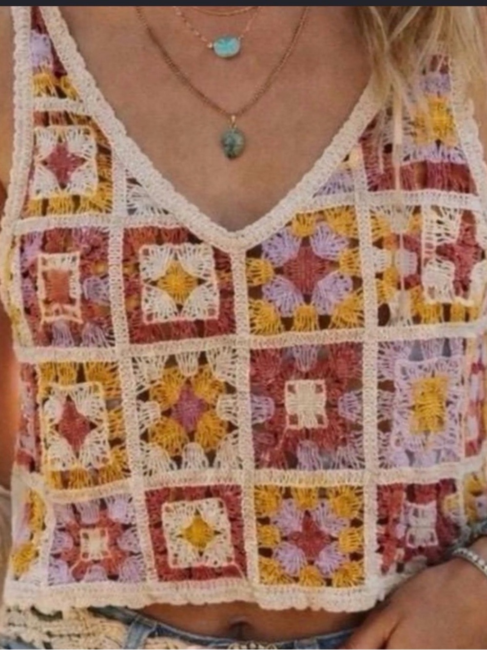 Rebellion Crochet Patchwork V-Neck Tank Top - Multicolor